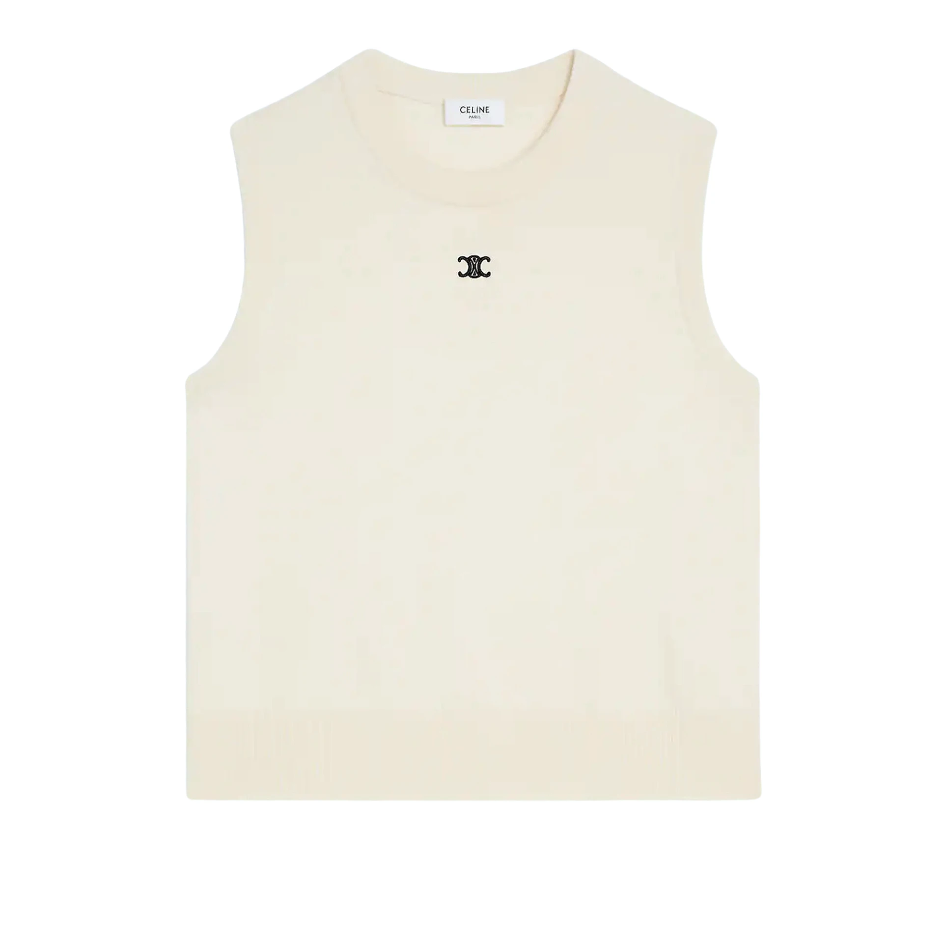 CELINE Triomphe Patch Sleeveless Ribbed Trim Tshirt In Fine Wool