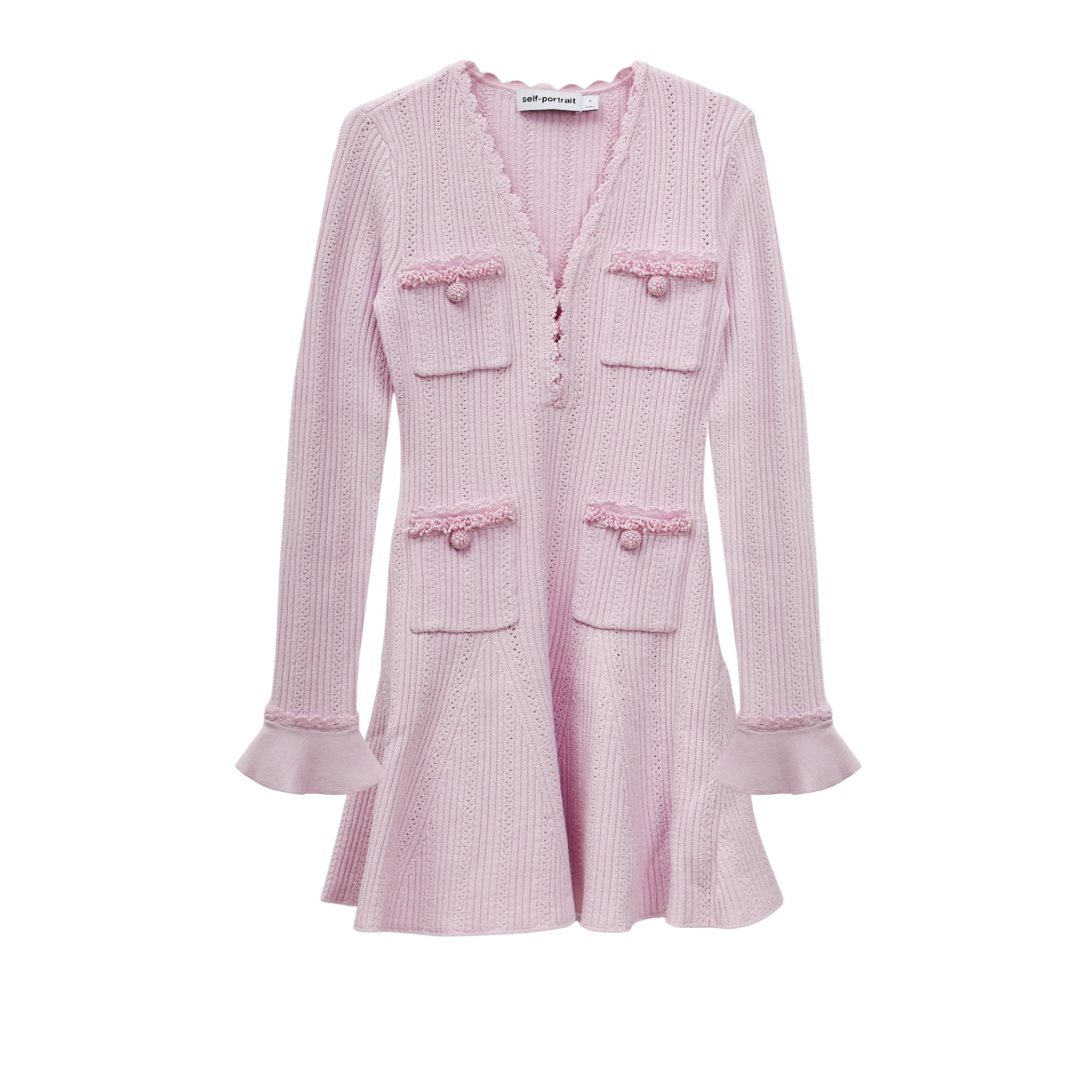 SELF-PORTRAIT Pearl Trim Knit Mini Dress
