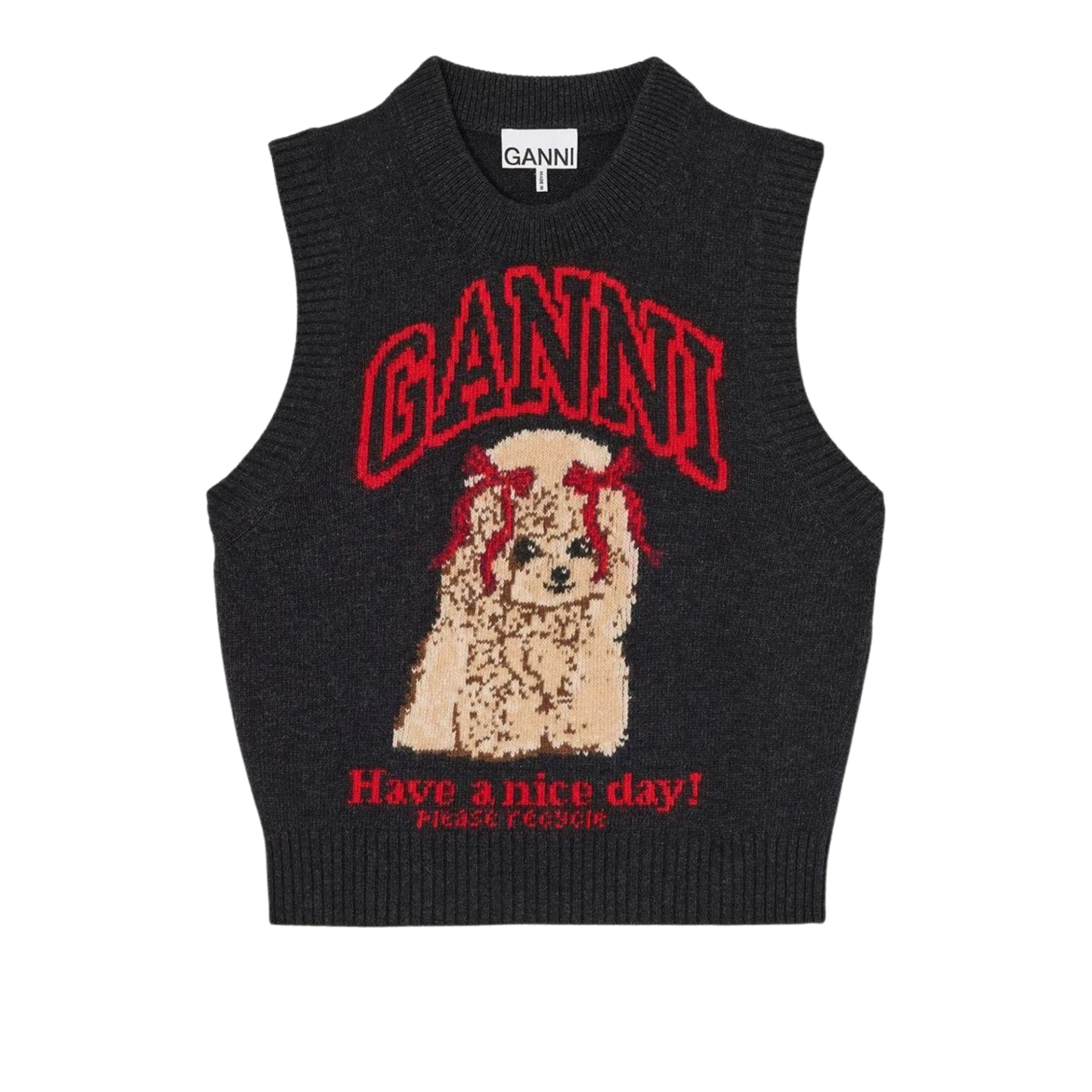 GANNI Graphic Logo Sleeveless Ribbed Edges Vest Wool