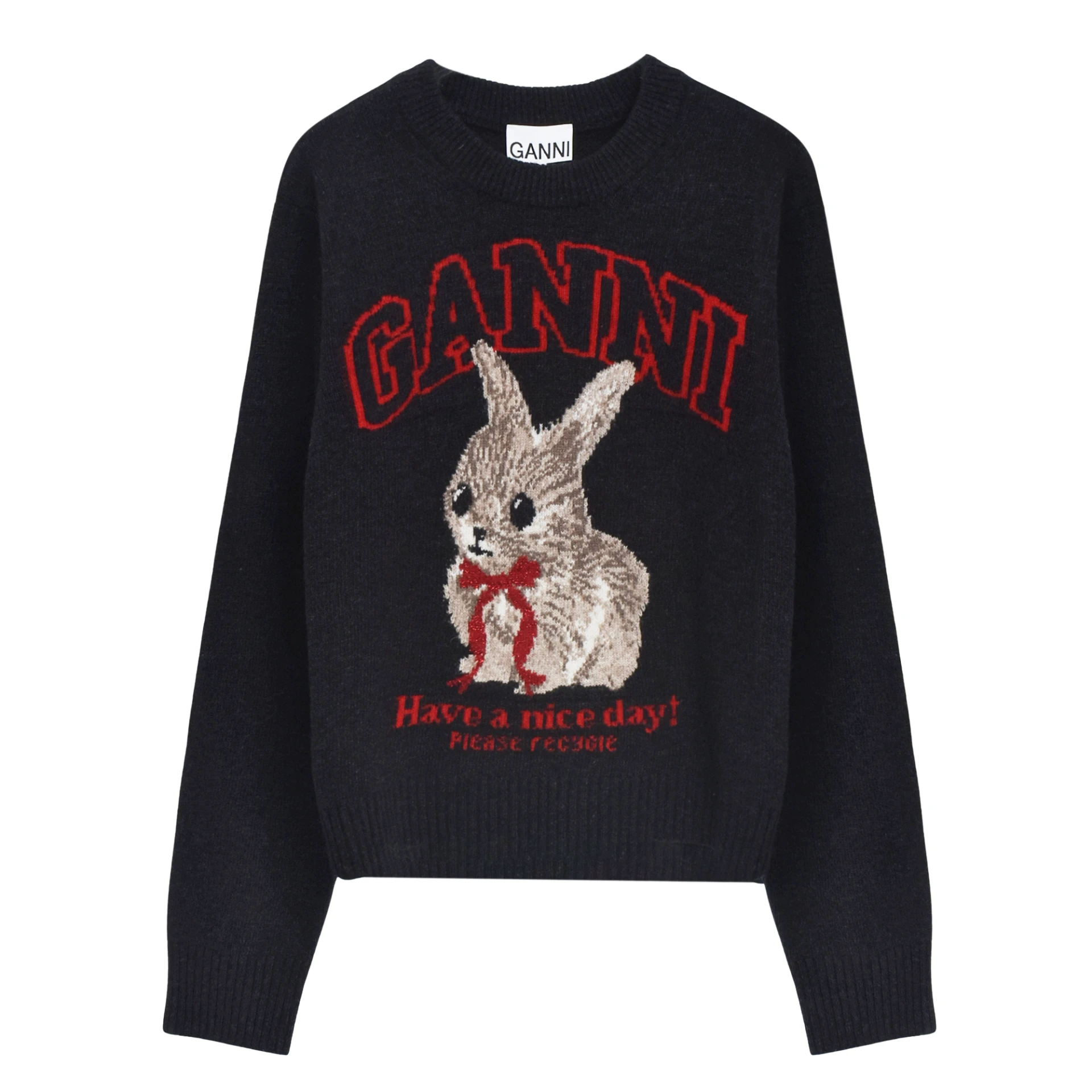 GANNI Graphic Logo Print Ribbed Edges Sweater Wool