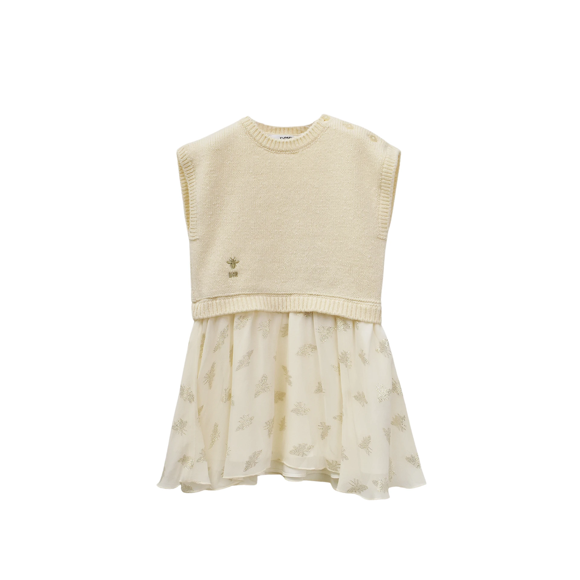 CHRISTIAN DIOR Gold Tone Bee Embroidered Logo Flared Dress Wool And Silk Knit