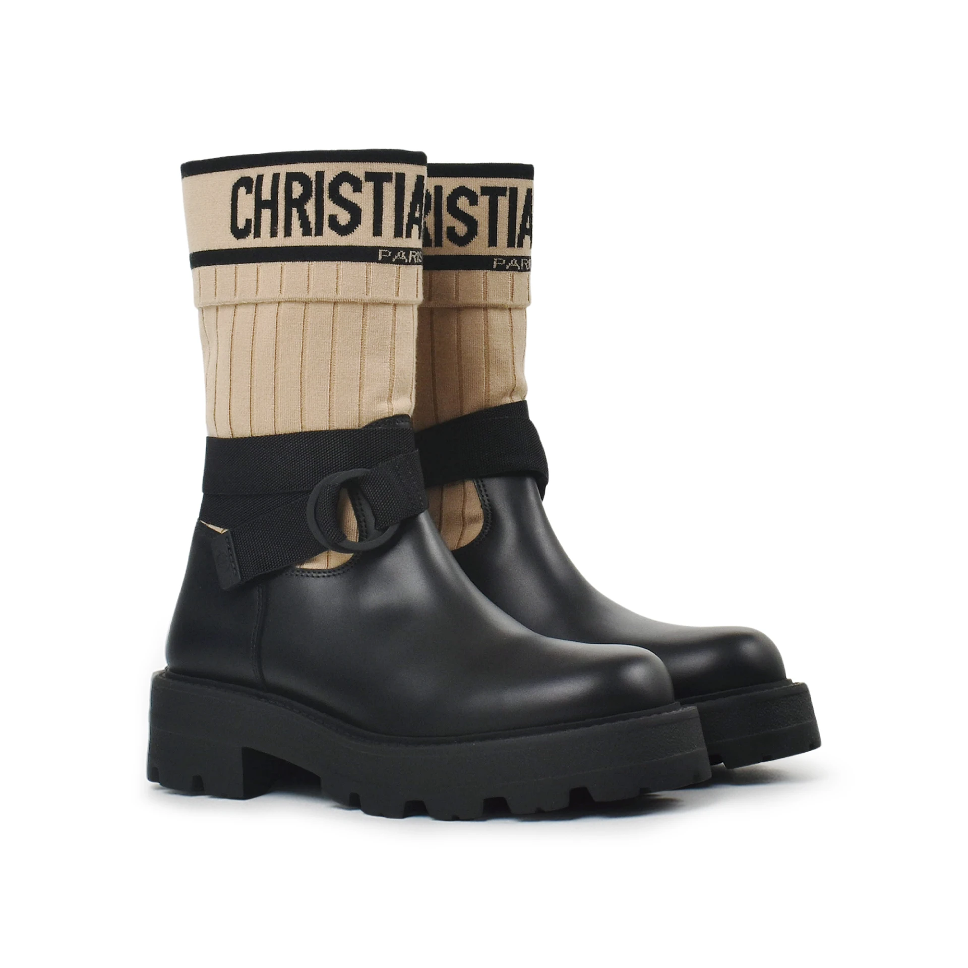 CHRISTIAN DIOR D-major Ankle Boot Calfskin Leather With Beige Technical Knit