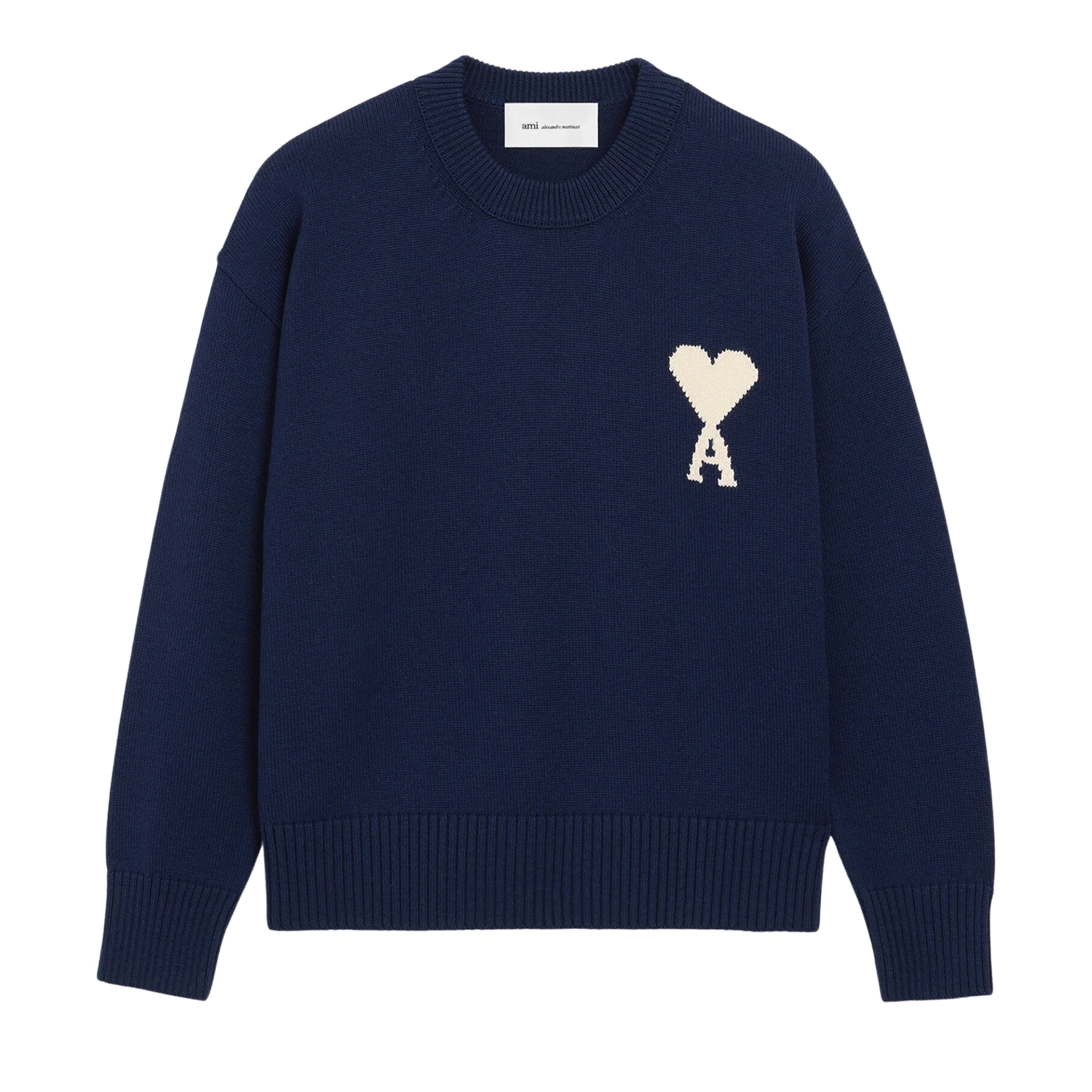 AMI PARIS Big Off White Ami De Coeur Crewneck Sweater Wool Cotton Knit