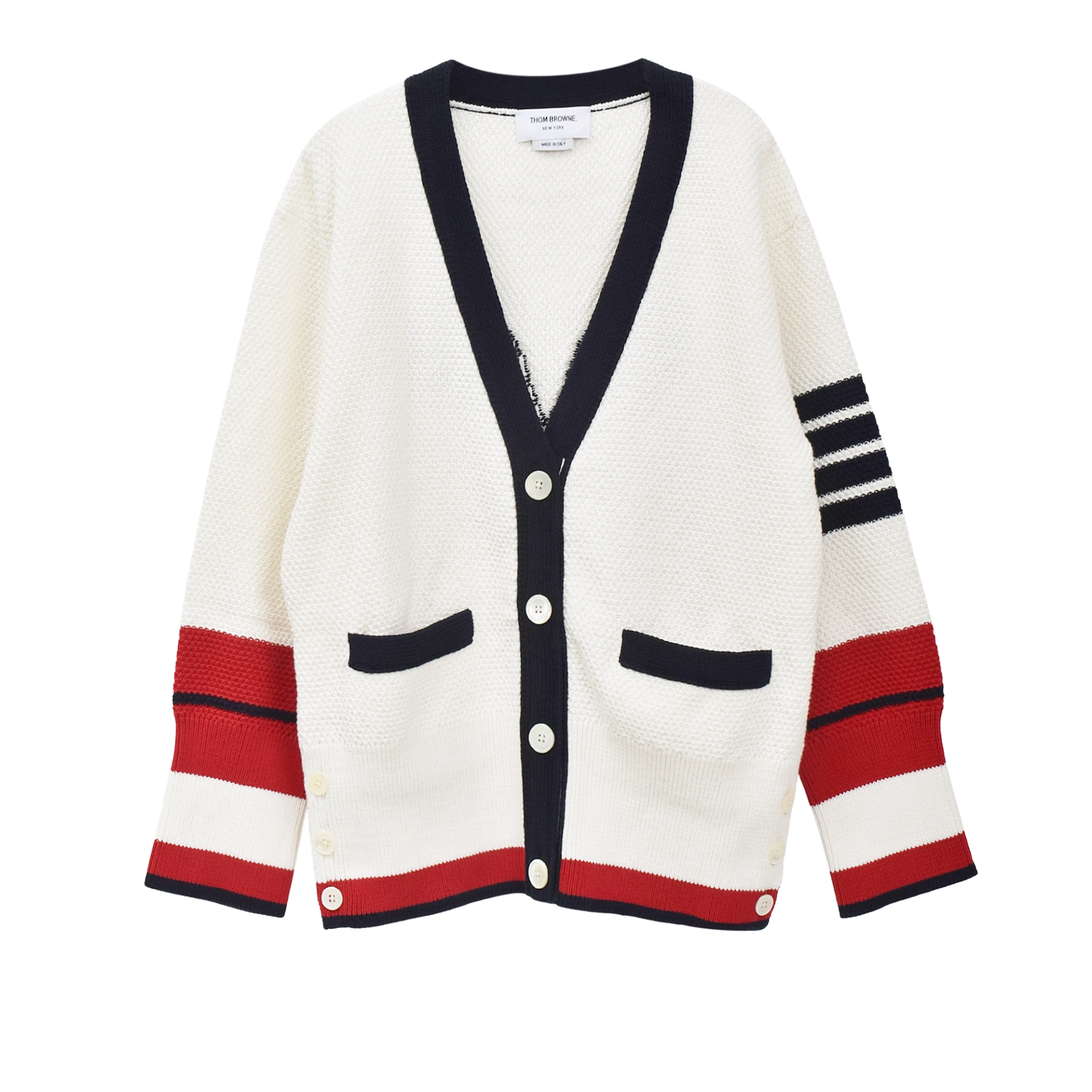 THOM BROWNE Tennis Racquet Intarsia 4-Bar Seed Stitch Cardigan