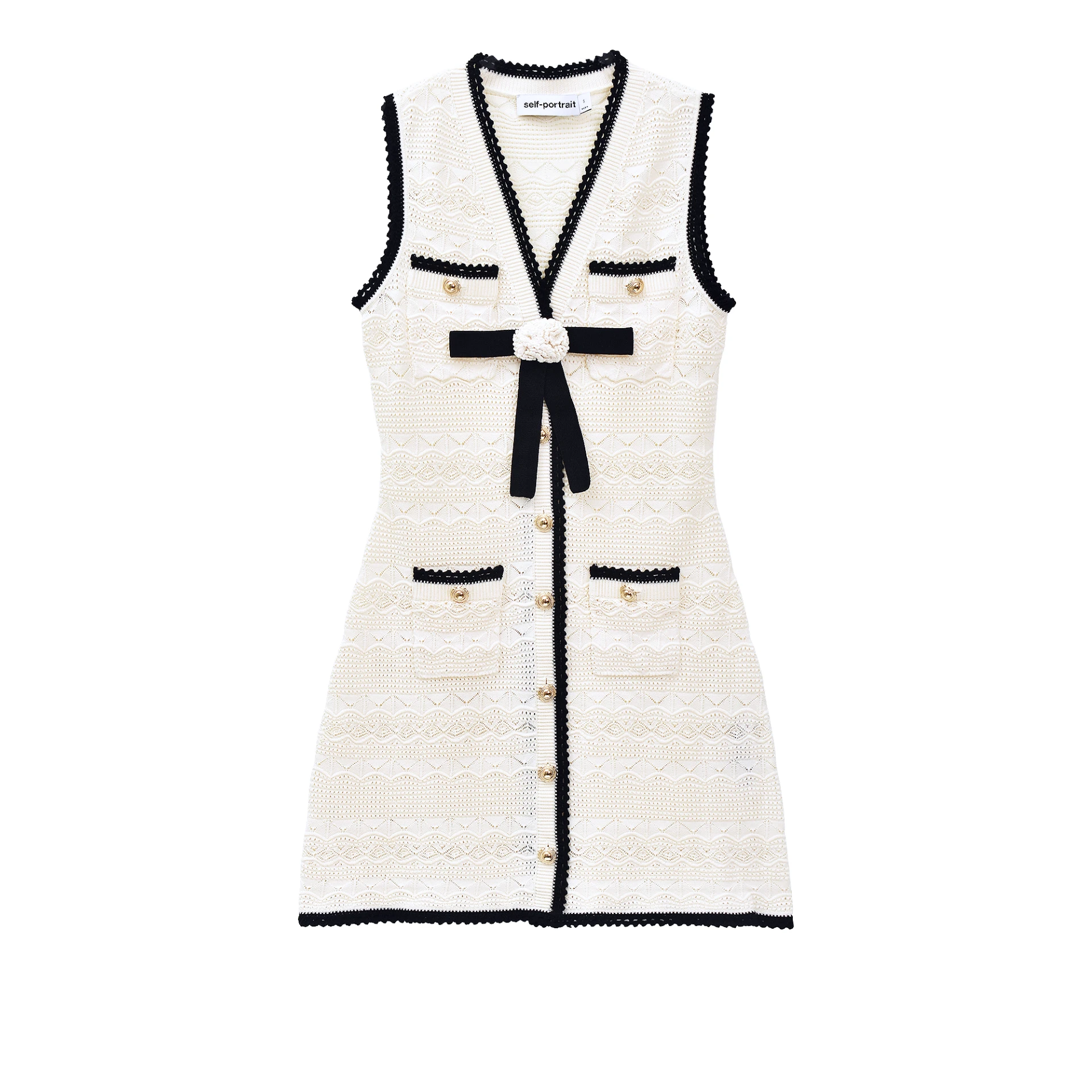 SELF-PORTRAIT Pointelle Knit Sleeveless Mini Dress Bow Floral