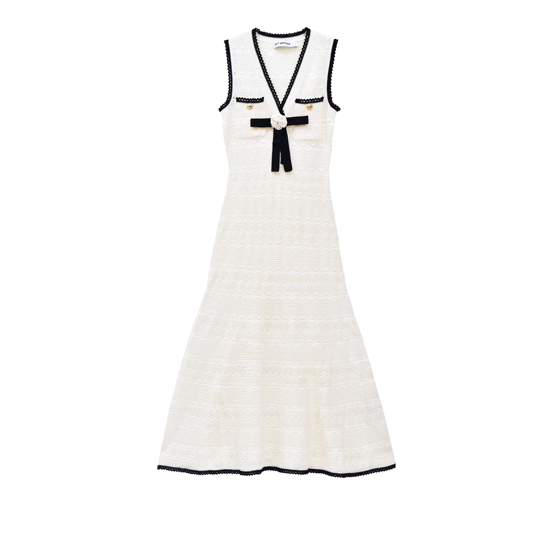 SELF-PORTRAIT Pointelle Knit Sleeveless Midi Dress Bow Floral