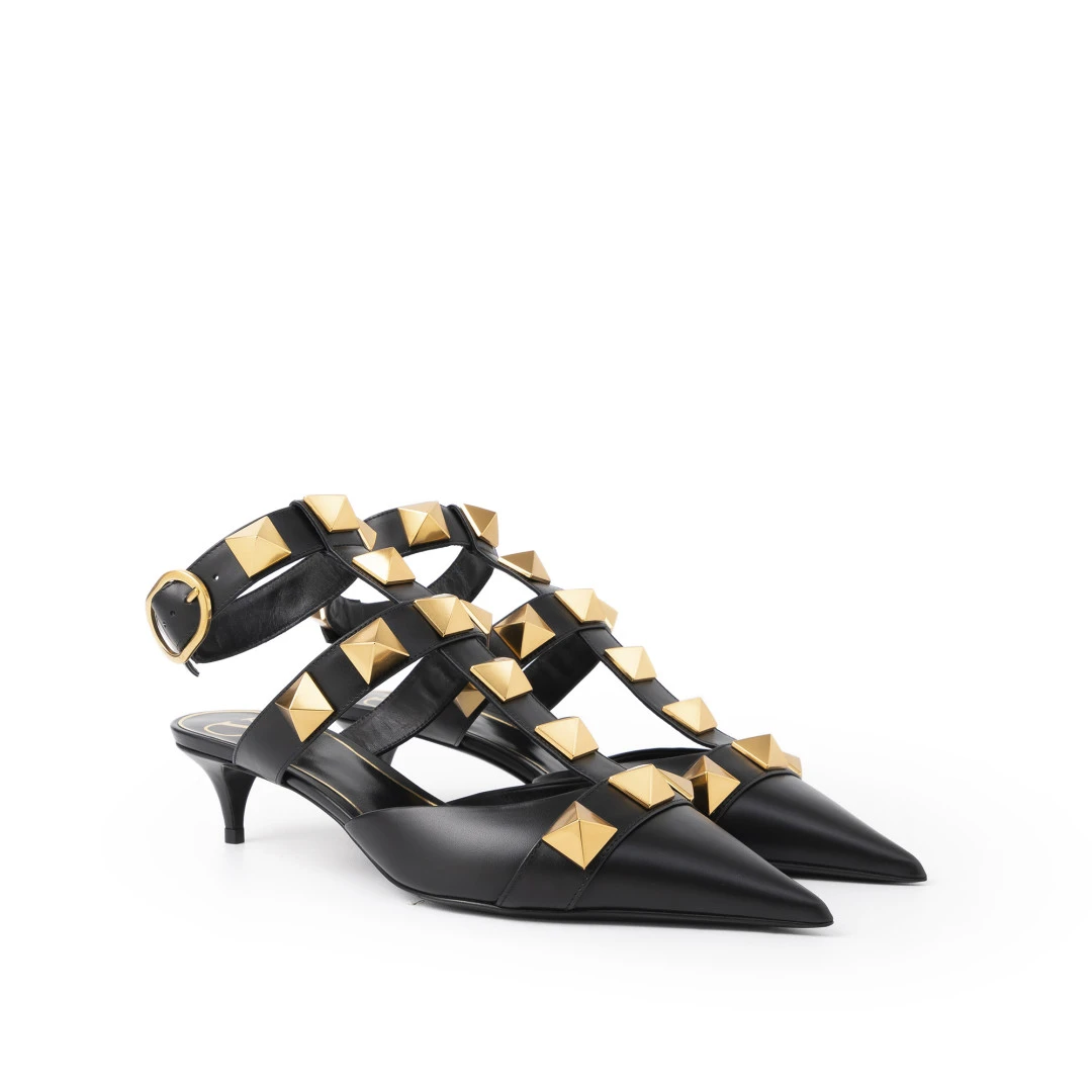 VALENTINO Roman Stud Ankle Strap Kitten Heels Ghw