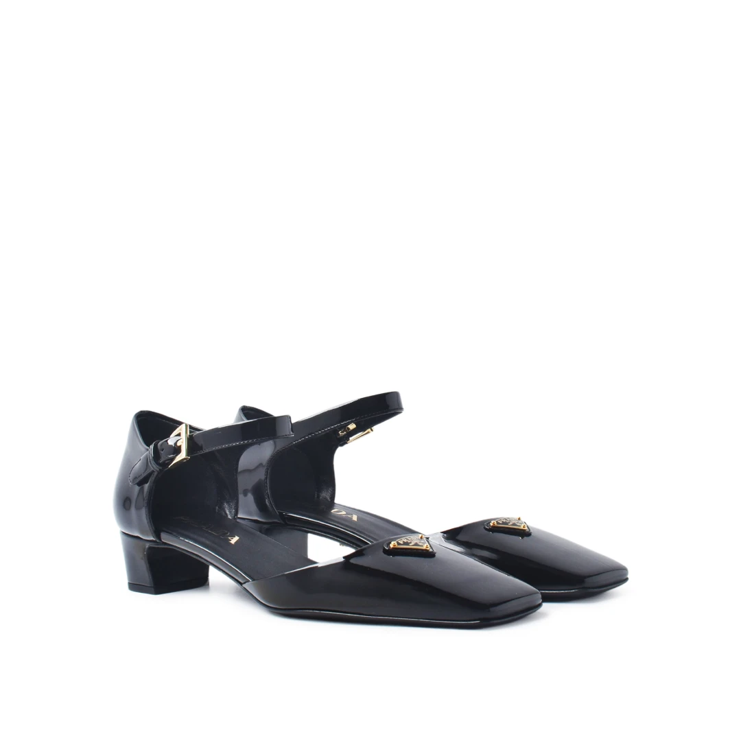 PRADA Triangle 35mm Pump Ankle Strap Patent Leather