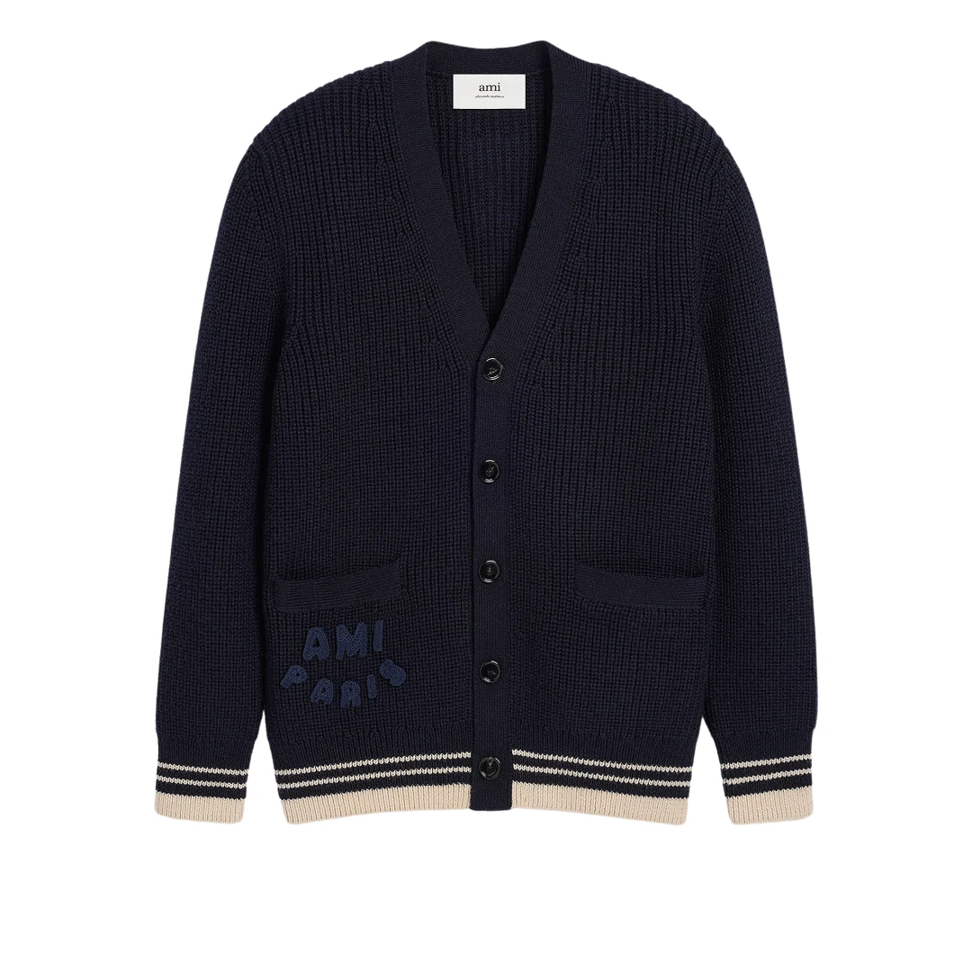 AMI PARIS Logo Patch Embroidered Pocket Ribbed Cardigan