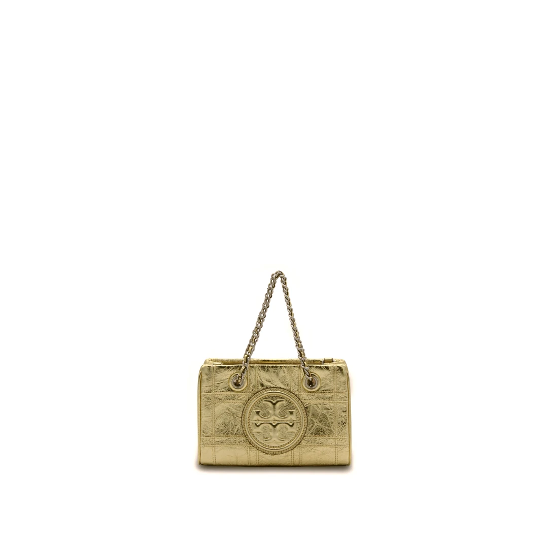 TORY BURCH Fleming Soft Mini Metallic Quilted Chain Tote Bag Leather