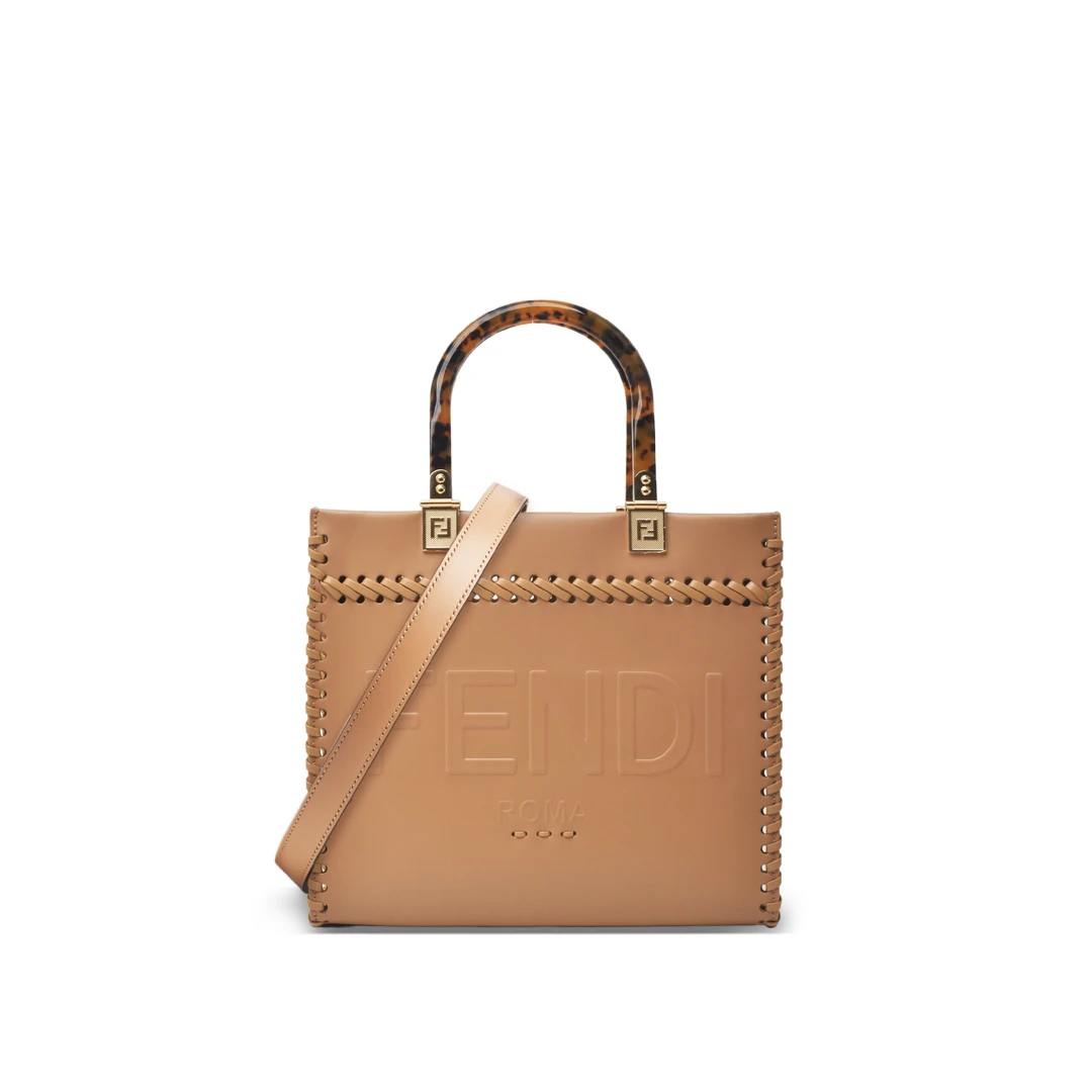 FENDI Sunshine Small Tote Bag With Braided Edges Calfskin Leather