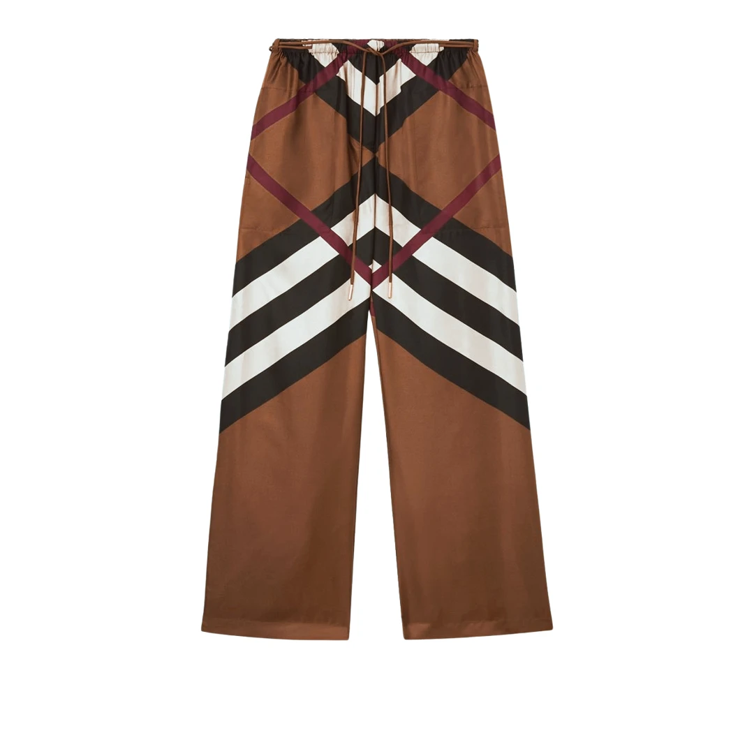 BURBERRY Noemi Chevron Check Print Wide-leg Silk Trousers