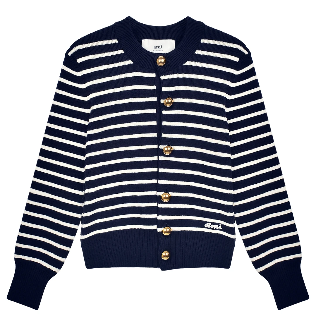 AMI PARIS Striped Sailor Cardigan Cotton Wool