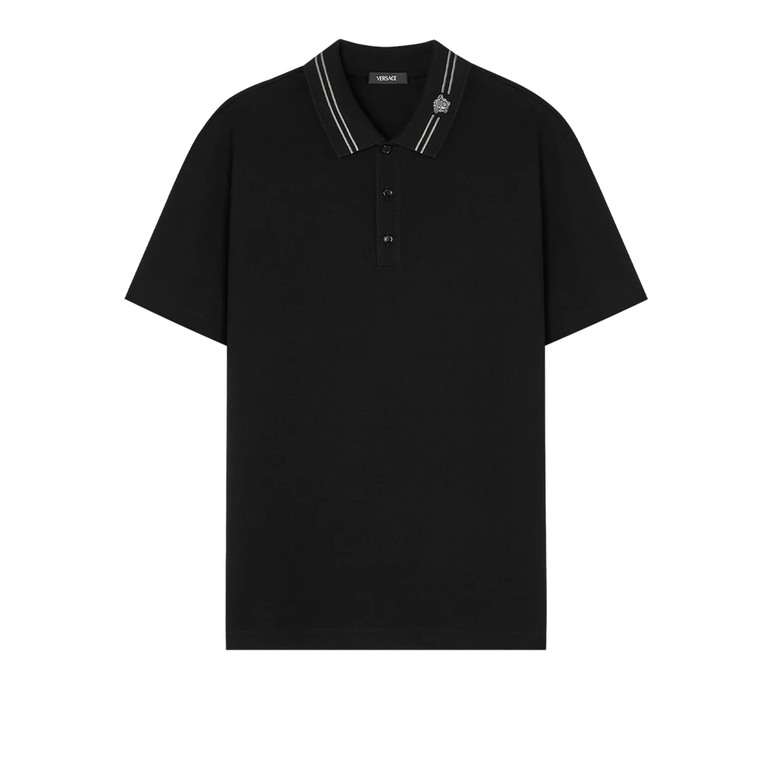 VERSACE Medusa Embroidered Polo Shirt With Striped Collar
