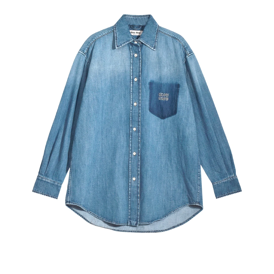 MIU MIU Embroidered Logo Long Sleeve Oversized Shirt Denim