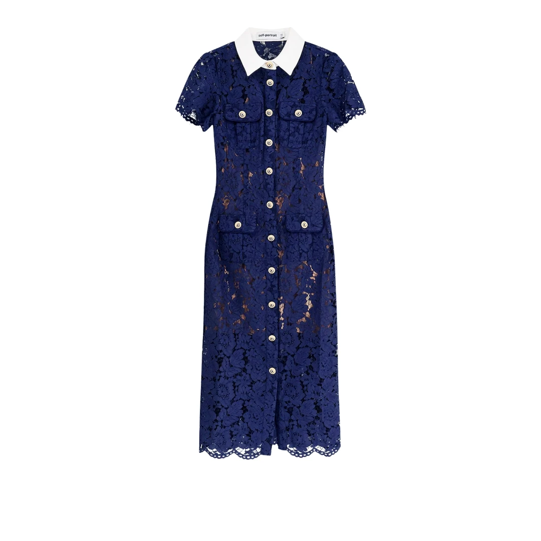 SELF-PORTRAIT Lace Contrast Collar Midi Dress