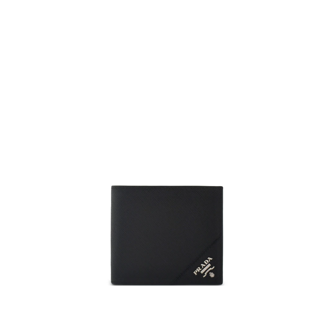 PRADA Metal Lettering Logo Bifold Wallet Saffiano Leather With Coin Purse