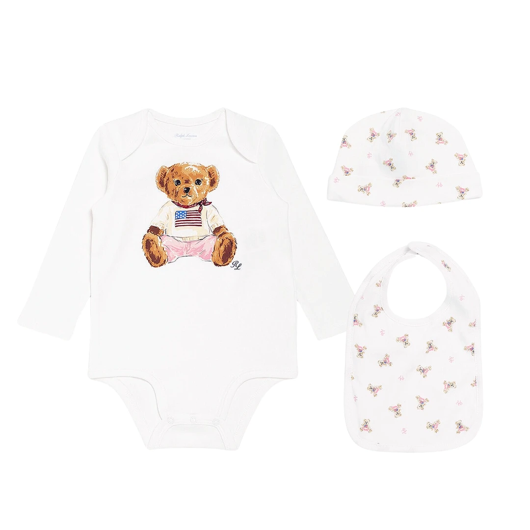 POLO RALPH LAUREN Teddy Printed Logo Romper, Bib And Hat Set